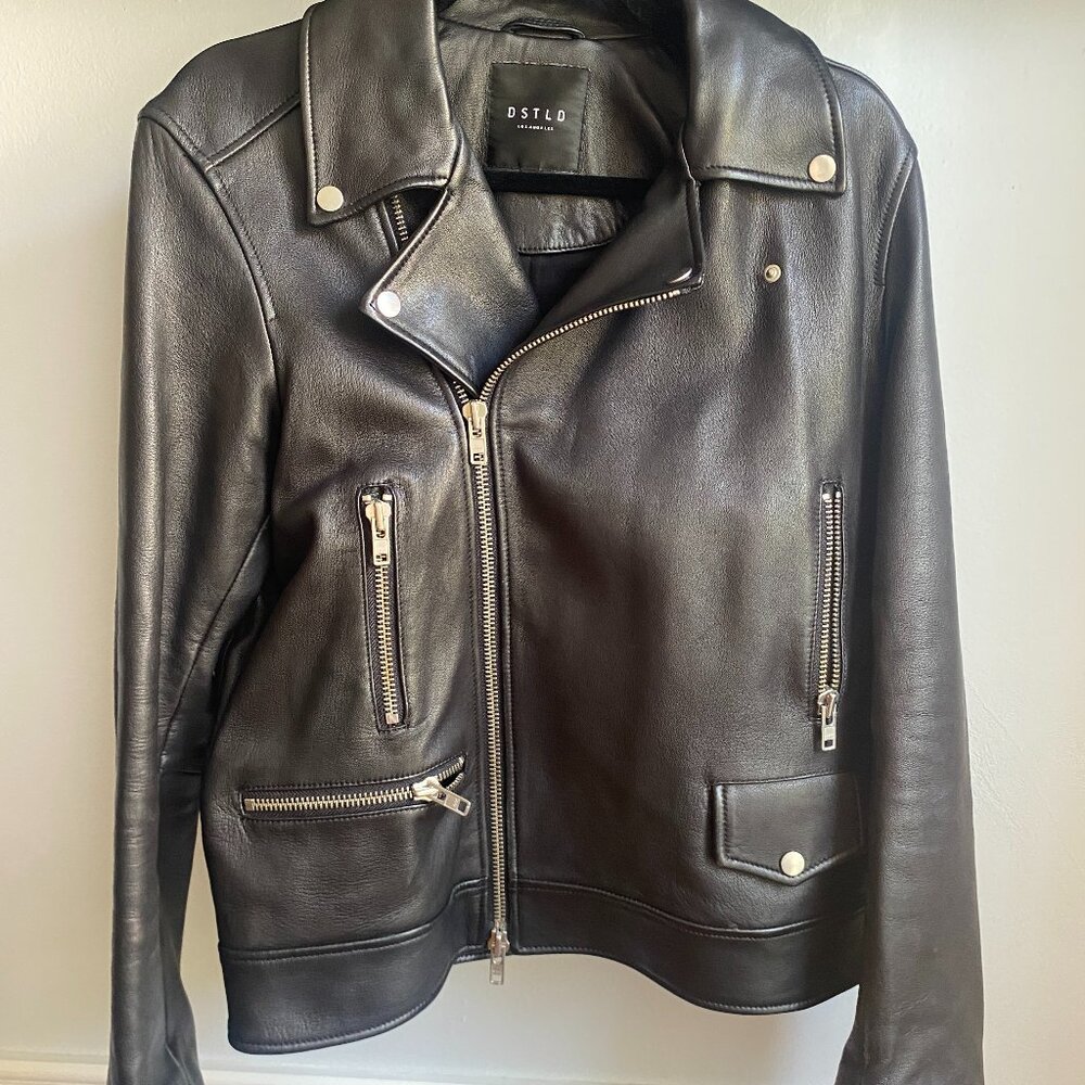 DSTLD Men's Black Leather Moto Jacket Size S